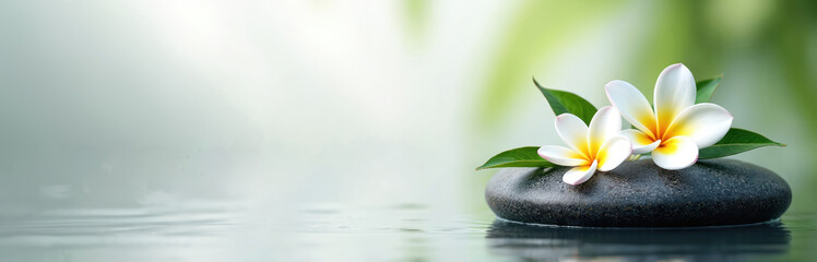 Fototapeta premium Illustration of a smooth black stone with white flowers resting on water. Calm zen image symbolizes spa, relaxation, meditation, wellness, serenity, nature. Perfect for spa treatments.