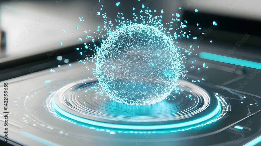 Fototapete a futuristic digital sphere with particles floating around it set on a technological platform. ideal