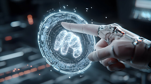 A futuristic image showing a robotic hand interacting with a digital interface. It's like a glimpse into advanced technology. Suggests innovation and control.