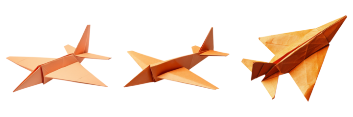 Folded origami paper planes in mid-flight isolated on transparent PNG image perfect for school projects, travel, or design elements