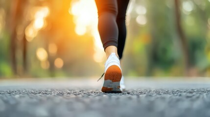 Close-up of a woman walking towards the road side. The image captures the movement and determination of stepping forward.