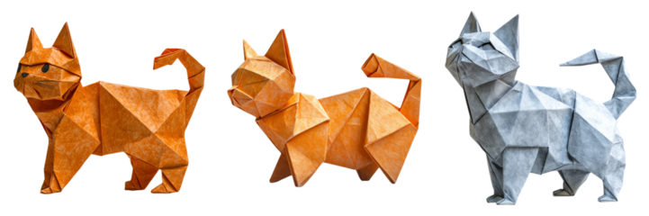 Origami cats in white, brown, and orange tones isolated on transparent PNG image perfect for pet sets or minimalist decor