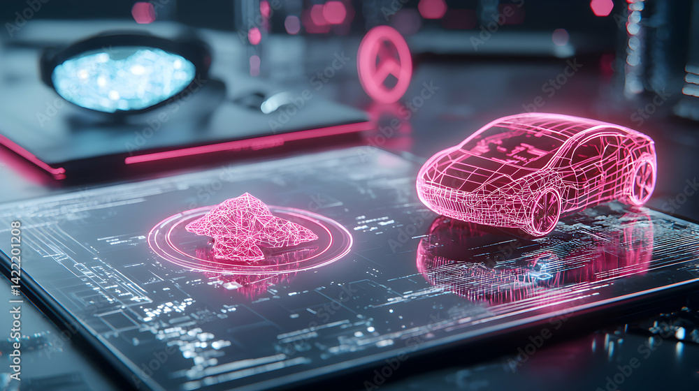 Aufkleber a futuristic rendering of a car and other digital objects with a pink neon glow. great for tech pres