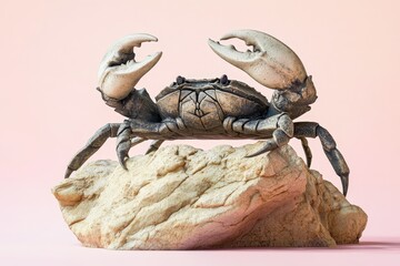 Gray crab perched atop a textured rock against a pale pink backdrop.