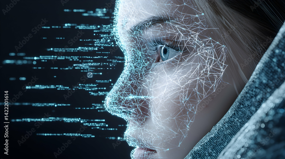 Aufkleber image shows a person's face overlaid with a digital network concept. it symbolizes ai technology or 