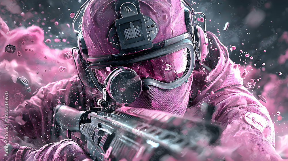 Poster a soldier in pink gear is aiming with a rifle. the image evokes a sense of sci-fi combat. possible a