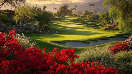 Fototapeta premium Vibrant blooming flowers enhance the beauty of the scenic landscape.