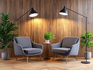 Two chairs and a microphone stand positioned in a dimly lit podcast studio, creating an inviting space for interviews and discussions.