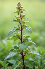 Fototapeta premium Goosefoot Chenopodium album. Weedy annual plant with tall green stem, greenish buds, blossoms. Summer season. Natural growth. European flora. Botanical study.