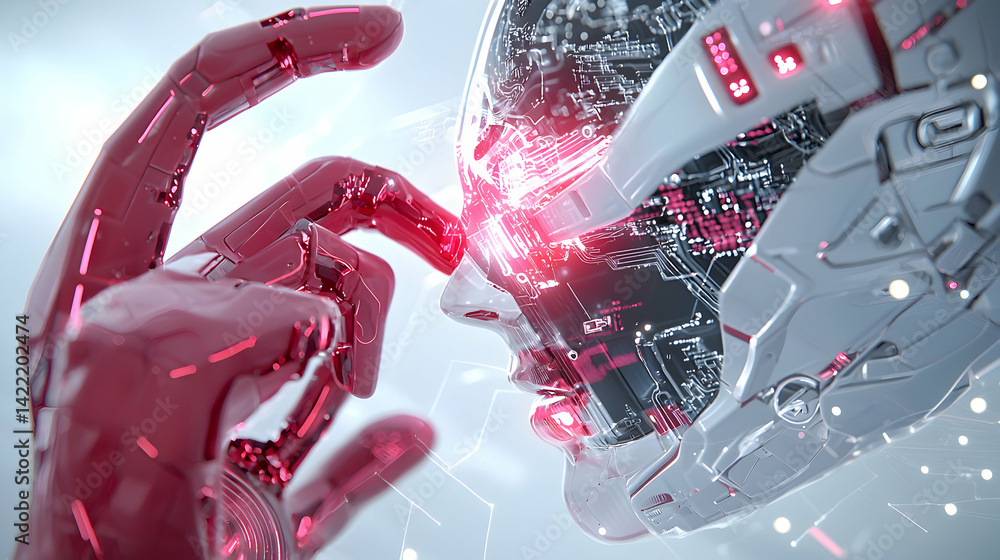 Poster a futuristic art piece depicting a robot touching another possibly conveying connection or interacti