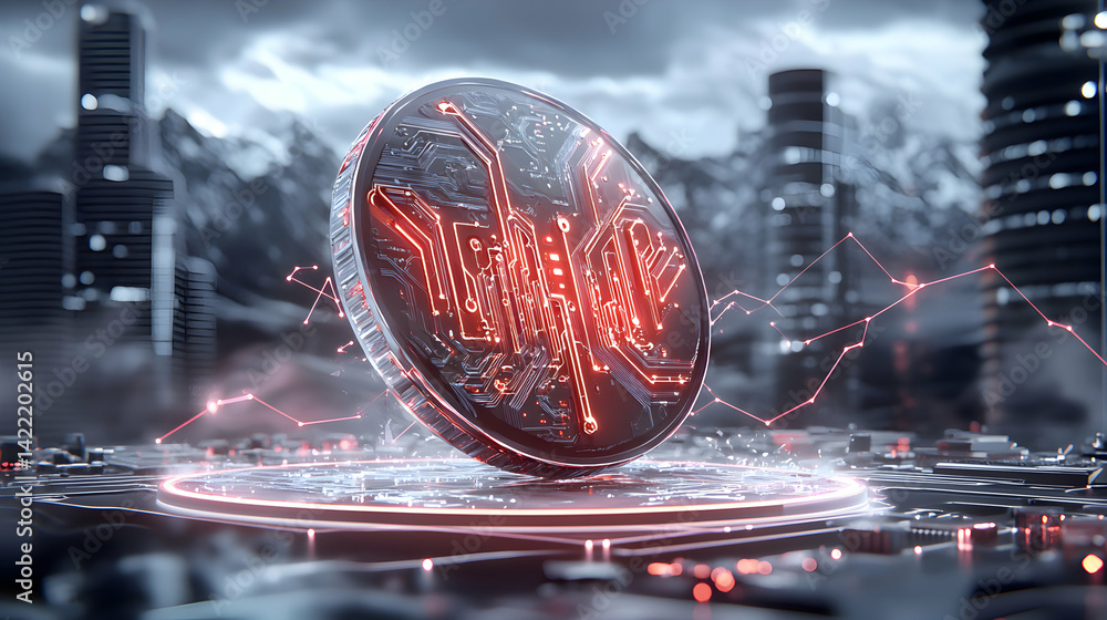 Poster futuristic crypto coin design with glowing circuits. visualizes digital currency and financial techn