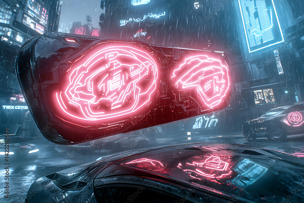 Poster a neon-lit cyberpunk street scene with a futuristic vehicle and rain. create a visual story with thi