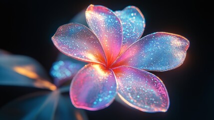 Dreamcore Plumeria exotic bloom isolated. Chrome liquid metal flower. 3D render, modern design. Holographic futuristic floral icon. Y2K, brutalism retro futurism concept.