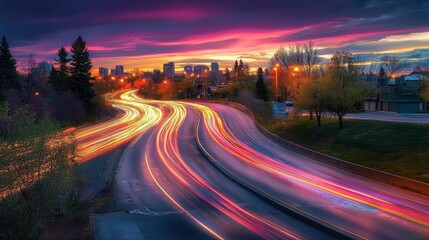 Obraz premium Urban street illuminated by vibrant city lights at night.