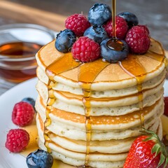 pancakes with berries and honey