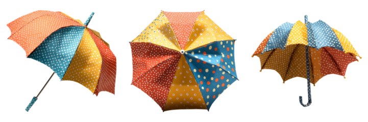 Geometric umbrellas in pastel and bright patterns isolated on transparent PNG image perfect for weather visuals or lifestyle graphics