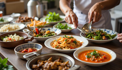 Obraz premium Hands serving delicious food at a vibrant kitchen table 
