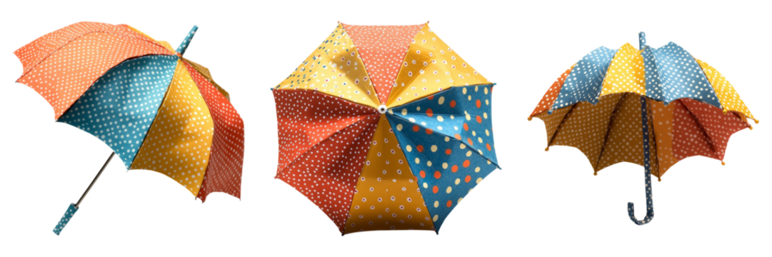 Geometric umbrellas in pastel and bright patterns isolated on transparent PNG image perfect for weather visuals or lifestyle graphics