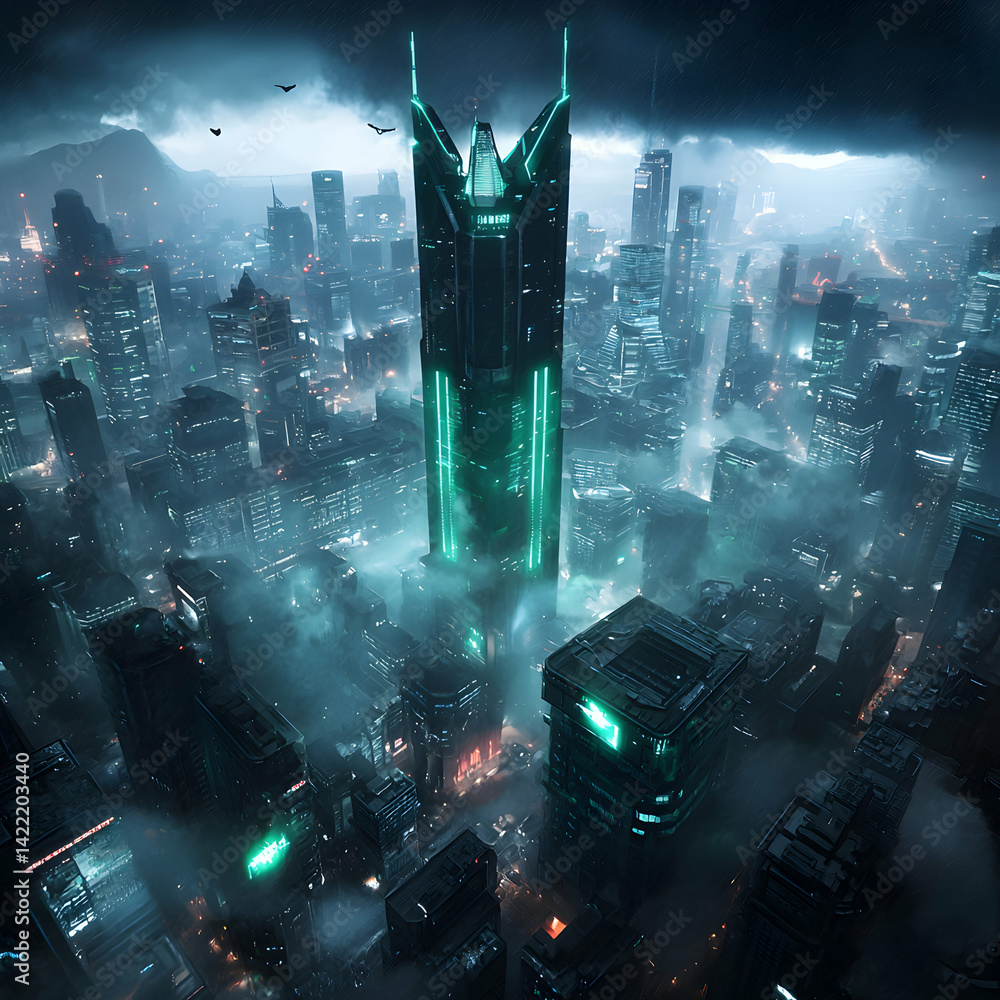Poster a futuristic cityscape illuminated by green lights with a towering central building creating a dysto