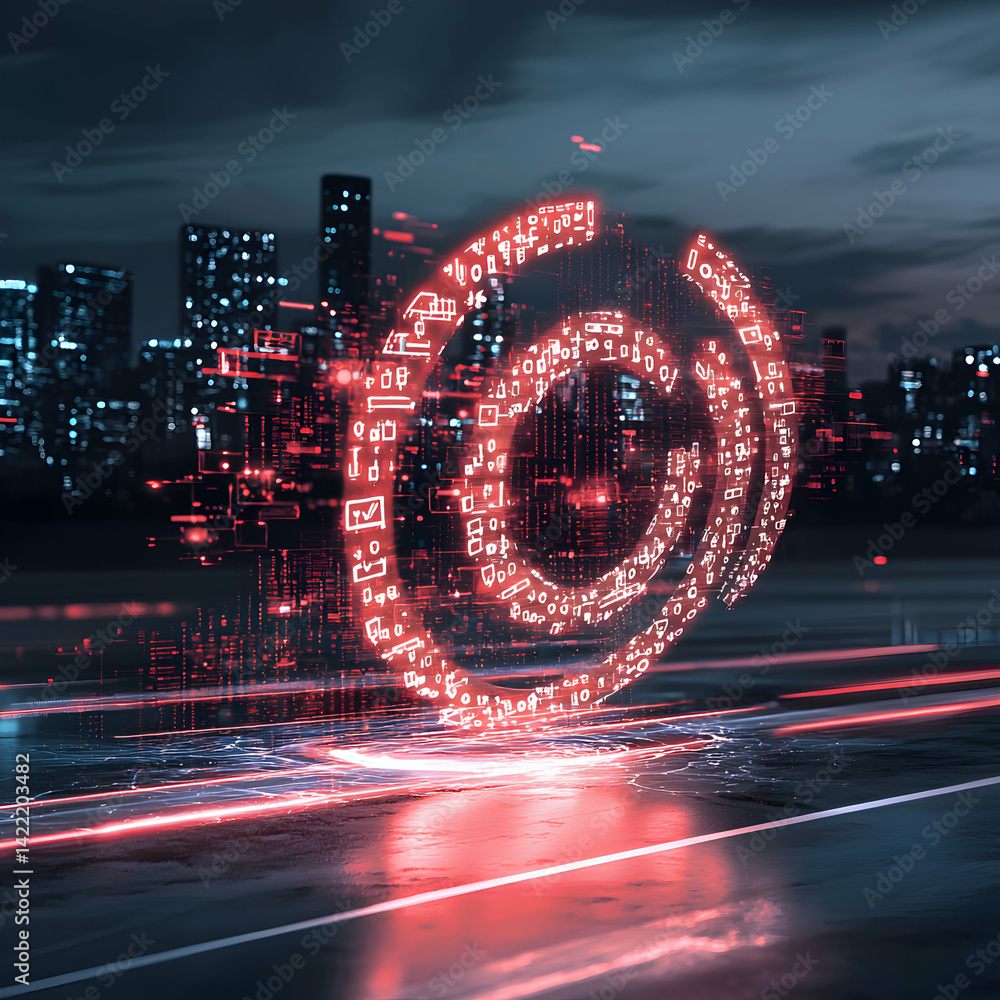 Aufkleber futuristic cityscape with digital data swirling in the air. visualization of technology networks and