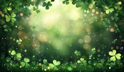Fototapeta premium Lush green background with sparkling bokeh lights and shamrocks. Ideal for St. Patrick's Day or spring themes. Perfect for cards, banners, or websites.