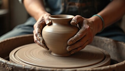 Potter shapes clay vase on pottery wheel. Artisan studio, warm lighting. Close-up view, craftsmanship creativity. Traditional craft, handmade art. Focus on process, skill and form.