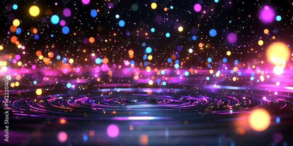 Poster colorful, glowing background with many small, bright dots. the dots are scattered throughout the ima