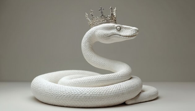Elegant white snake wears crown, symbolising royalty. Majestic reptile coiled pose exudes luxury. Snake illustration unique symbolic creature, glamorous design. Ideal for fantasy design projects,