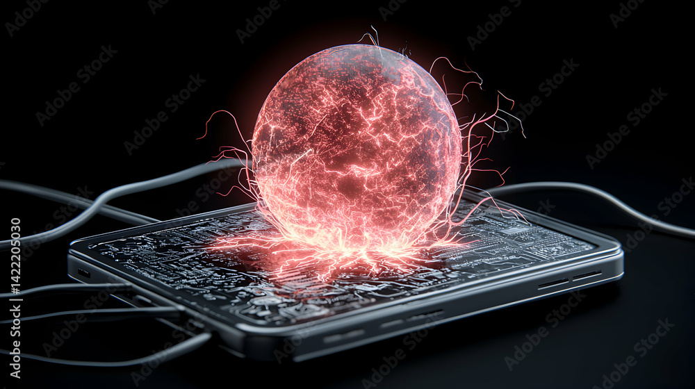 Poster a futuristic image of a glowing orb emanating energy and interacting with a circuit board. it could 