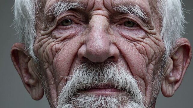 Close-up video of elderly man's expressive face with detailed wrinkles, white hair, mustache, and calm gaze, captured in natural light on neutral background for emotional storytelling