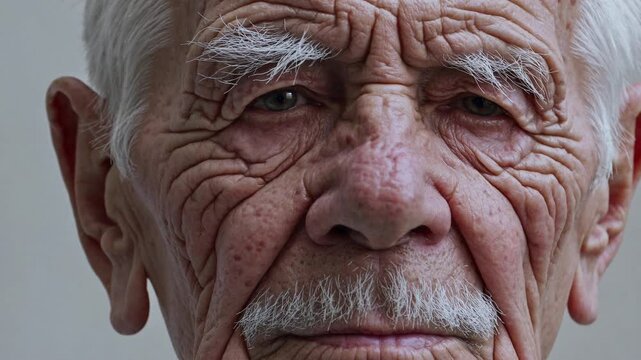 Extreme close-up video of elderly man&rsquo;s face with white eyebrows and mustache, showcasing detailed wrinkles and skin texture, looking with calm expression at the camera