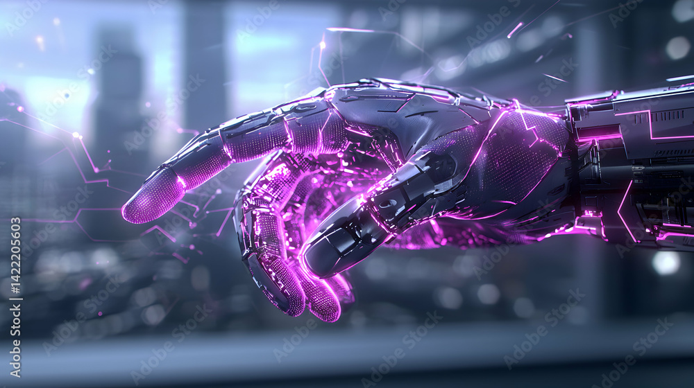 Poster futuristic robotic hand with glowing pink energy. perfect for sci-fi themes technology concepts or d