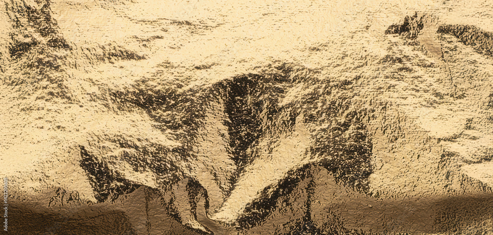 Poster Rich gold foil texture with darkened central creases and contrasting shadows. The visual depth and uneven reflection add a dramatic and luxurious effect to this horizontal format..