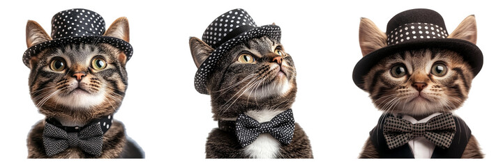Cats in suits and hats with monocles isolated on transparent PNG image perfect for humorous pet icons or fashion cartoons