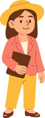 Smiling Woman in Casual Yellow Hat Holding Book Illustration for Design Projects