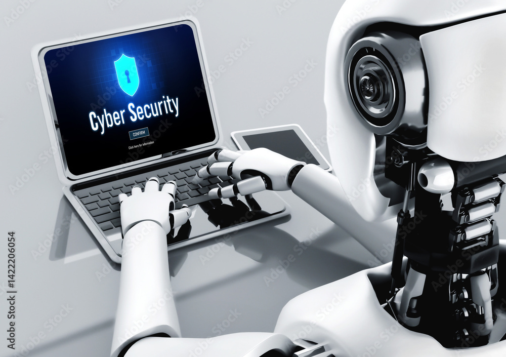 Poster cyber security system on computer screen protect private information snugly from hacker and cyber at