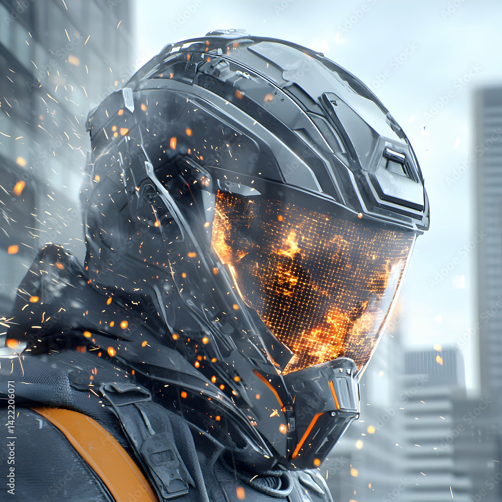 Poster futuristic helmet design with an energy display. ideal for sci-fi art or game assets. a cool tech co