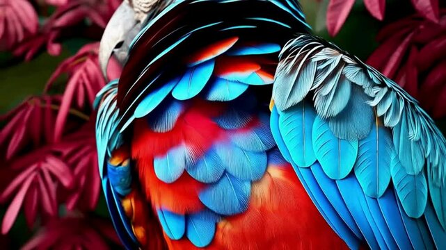Vivid Hyacinth Macaw Portrait Against Dark Red Foliage