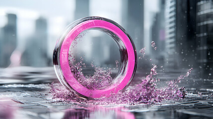 A striking visual of a pink-ringed object amidst splashing particles on a circuit board with a cityscape backdrop. This could be used as a modern tech-themed graphic.