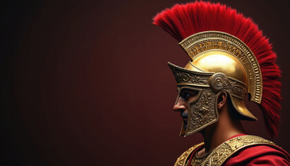 Illustration golden helmet with red crest. Ancient Greek style, belongs to war god Ares. Side view of warrior, detailed armor. History, mythology, military, ancient, Rome, Spartan, battle.