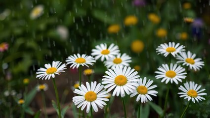 Fototapeta premium Daisies in the Rain, Charming Garden Scene, Abstract Background