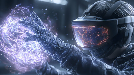 A person wearing a VR headset is interacting with a glowing energy sphere. Suggesting futuristic gaming or technological innovation. VR or Metaverse concepts.