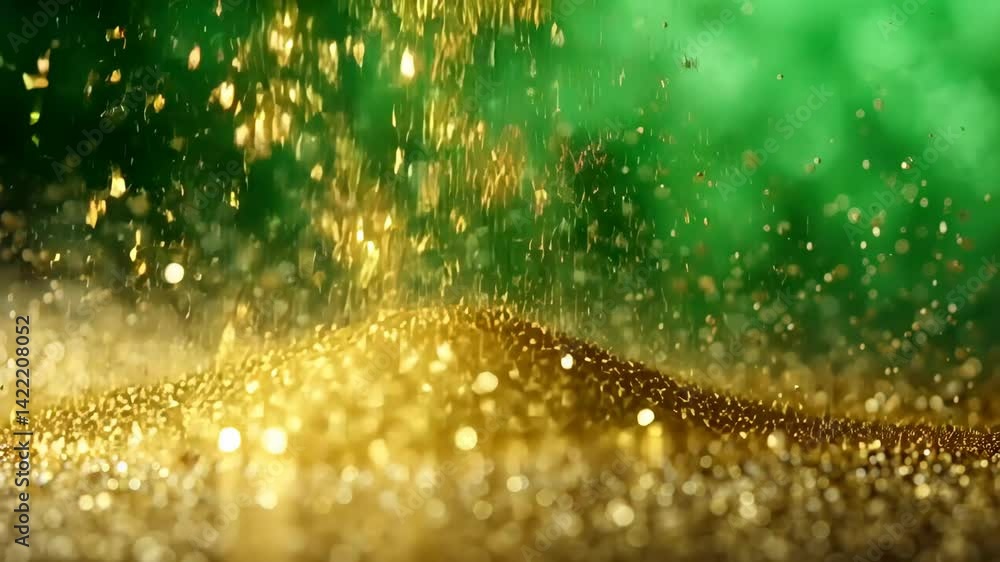 Poster golden glitter particles cascade against a vibrant green backdrop, creating a festive, shimmering ef