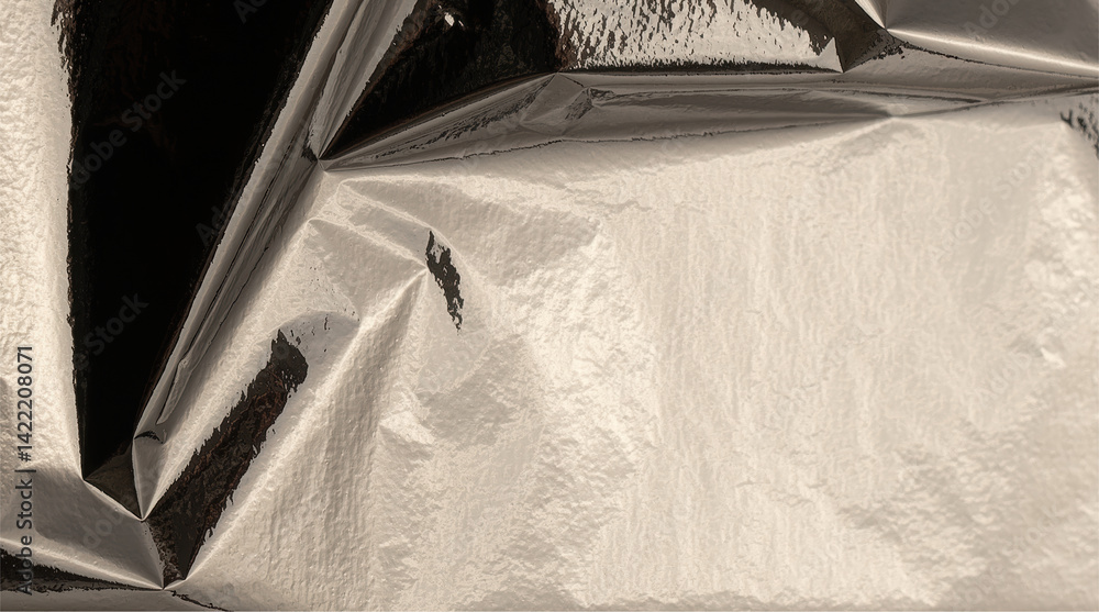 Aufkleber Silver foil with shiny, metallic texture creates a smooth, reflective surface. Crinkled, folded design in angular, minimalistic style adds elegance and high contrast, perfect for modern wrapping,.