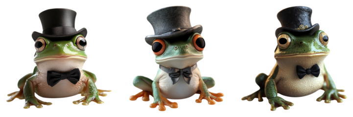 Frogs in top hats and tuxedos isolated on transparent PNG image perfect for musical themes or classy animal caricatures