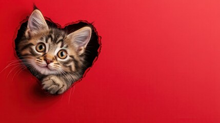 A playful kitten is peeking through a heart-shaped hole in a vibrant red background, offering an adorable and charming visual representation of affection and cuteness.