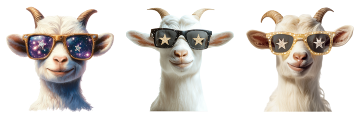 Goats with sunglasses and confident poses isolated on transparent PNG image perfect for quirky farm graphics or mascot designs