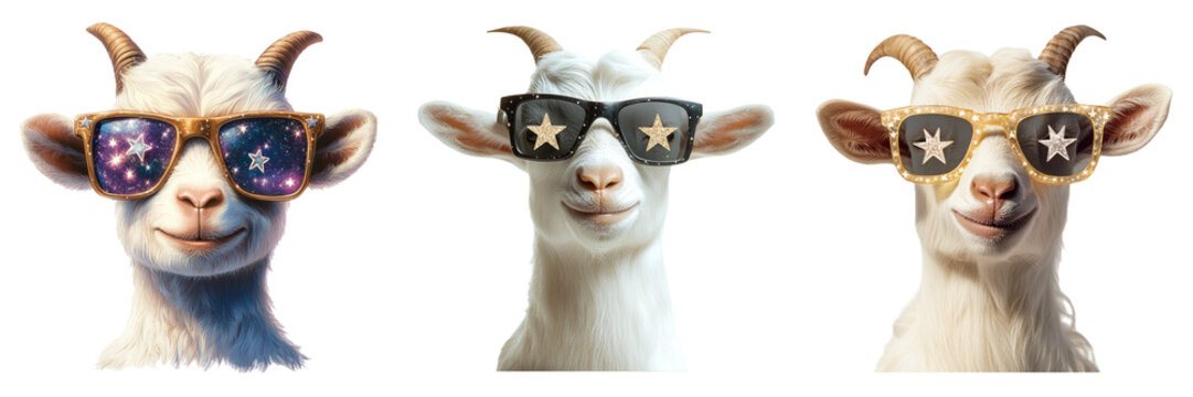 Goats with sunglasses and confident poses isolated on transparent PNG image perfect for quirky farm graphics or mascot designs