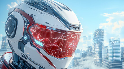 Futuristic helmet with a red visor against a city backdrop. Great for sci-fi concepts illustrations and game design. It also works well for character design.