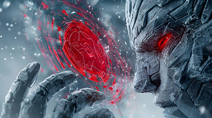 Futuristic digital artwork depicts a technological interface controlled by a robotic being. Suggests a powerful AI manipulating data or a digital world for its purpose.